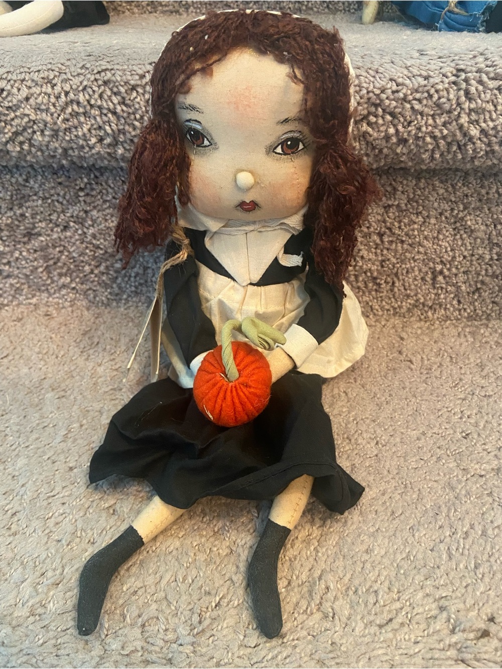 Spencer's Brown-Haired Cloth Doll in Black, White & Orange Pumpkin